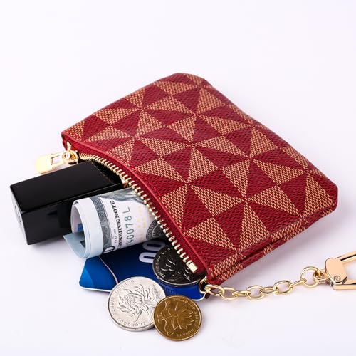 Leather Coin Purse for Women with KeyChain Small Zipper Change Purse coin Pouch Card Holder Wallet Clutch for Women & Men(Claret) - color: Claret