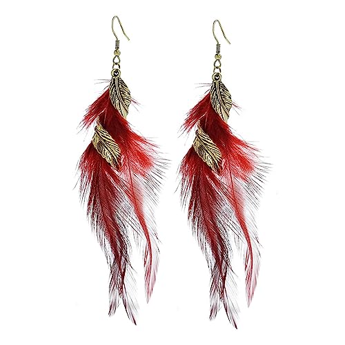 Bohemian Handmade Natural Long Feather Dangle Earrings for Women Multicolor Tassel Feathers Dangle Drop Earrings Vintage Bohemian Earrings Boho Feather Earrings - color: Red