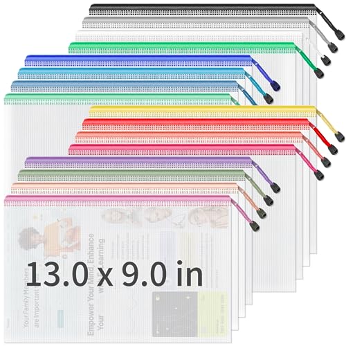 Umriox 16PCS Zipper Pouch, Mesh Bags with Zipper, 16 Color A4/Letter Size Pouches for Organization, Clear Zipper Pouches for Puzzles, Board Games, Craft Projects - style: A4-16P