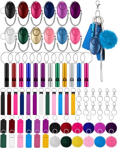 Kanayu 60 Pcs Safety Keychain Set for Women Safe Sound Personal Alarms Emergency Whistles Lipstick Holder Keychains Pom Poms Keychains Metal Lobster Claw Clasps with Key Rings Hiking Outdoors Gifts