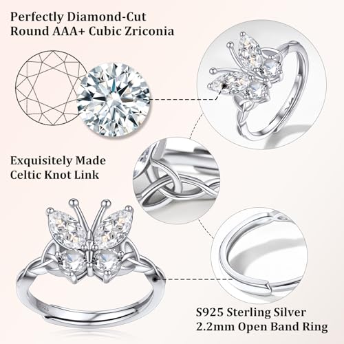 Bestyle 925 Sterling Silver Butterfly Ring Hypoallergnic Adjustable Birthstone Rings for Women Butterfly Jewelry Gifts for Anniversary Mothers' Day Birthday - color: 04.April (Clear Quartz)-Ring