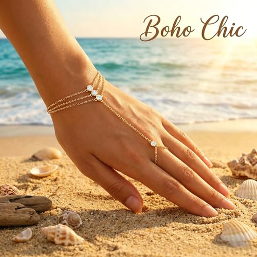 925 Sterling Silver Hand Chain Bracelet for Women,Non Tarnish 14k Gold Plated CZ Crystal Heart Starburst Ring Bracelets Hand Chain Dainty Diamond Layered Stackable Link Chain Beach Waterproof Graduation Wedding Gifts - color: Gold