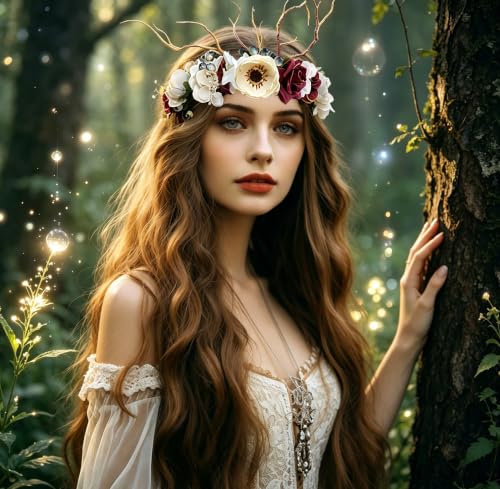 Vivivalue Deer Flower Crown Women Flower Headband Hair Wreath Floral Headpiece Halo Boho with Ribbon Wedding Party Prom Photos - color: Z