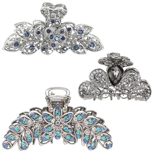 kilofly 3pc Vintage Crystal Hair Claw Clips Long Thick Hair Metal Clamps - color: Large+Large+Medium
