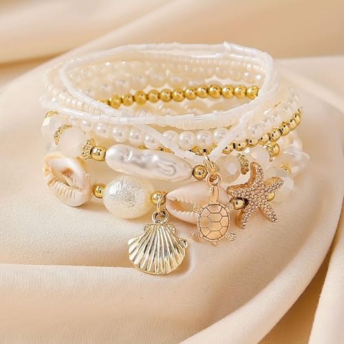 Beach Bracelets for Women Bohemian Stackable Heishi Surfer Bracelet Set Elastic Seashell Starfish Boho Friendship Bracelets for Summer Beach Party Holiday Vacation Jewelry - color: 7PCS-Gold Starfish/Turtle/Seashell