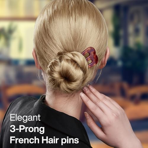HYFEEL Large French Hair Pins for Women, 3-Prong French Pins for Thick Hair, U Shaped Hair Forks, French Twist Hair Pin Clips, Updo Hair Sticks for Buns, 2 Pcs (Tortoise, Brown)