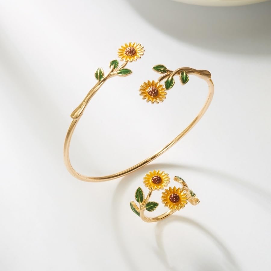 Caiyao 2Pcs Adjustable Sunflower Open Cuff Bangle Bracelets Ring Gold Tone Enamel Daisy Flower Floral Upper Arm Armband Bracelet for Women Boho Summer Inspired Floral Jewelry Gifts - style: StyleA