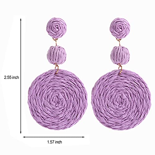 Boho Raffia Ball Earrings for Women, Handmade Statement Drop Earrings Straw Dangle Earrings Beach Vacation Jewelry - color: Purple