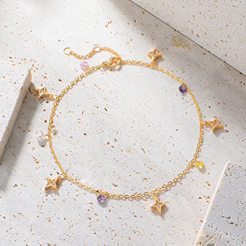 MTMY Gold Anklets for Women 14K Gold Plated Tiny Bead Anklet Colorful Tassel Foot Chain Dainty Adjustable Cute Summer Beach Boho Anklets Jewelry Gift - style: cz star tassel