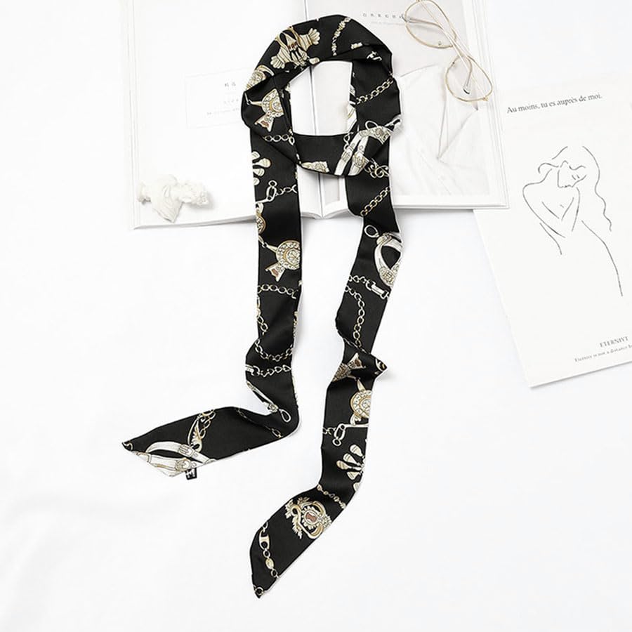 Long Thin Skinny Scarf Satin Neckerchief Ribbon Tie Waist Belt for Women - color: Chain Black
