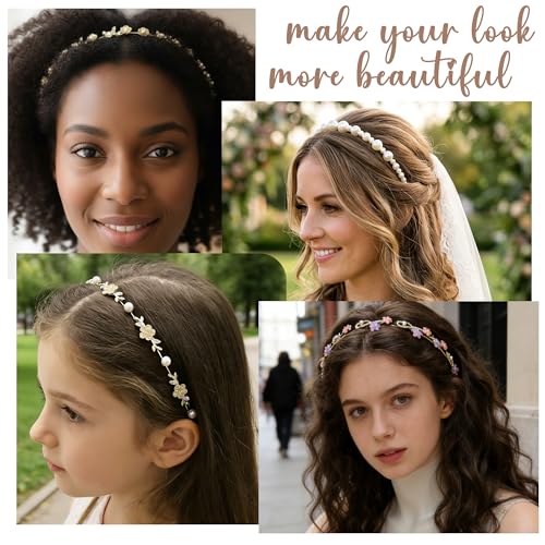 4 Pcs Metal Pearl Headbands for Women, Thin Metal Rhinestone Floral Hair Bands, Elegant Crystal Flower Sparkly Hair Hoops, Fairycore Bridal Wedding Hair Accessories Set for Girls - color: Flower Metal