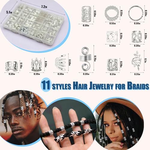 280 Pcs Silver Hair Jewelry for Braids Dreadlock Locs Metal Hair Clips Accessories for Women,Adjustable Hair Cuff Coils Rings Charms Braiding Decoration - color: Silver-280pcs