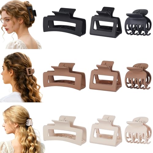 CHANDAT Medium Claw Hair Clips Set for Women - 3 Styles, 9 pcs Rectangle Clips for Thick Hair, Square Clips for Thin Hair - Brown - color: Brown