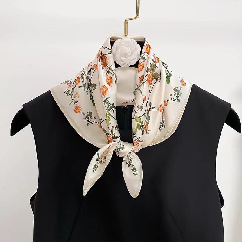 ANDANTINO 100% Mulberry Silk Scarf -21” Square Neckerchief with Gift Packed - color: Flowers-white