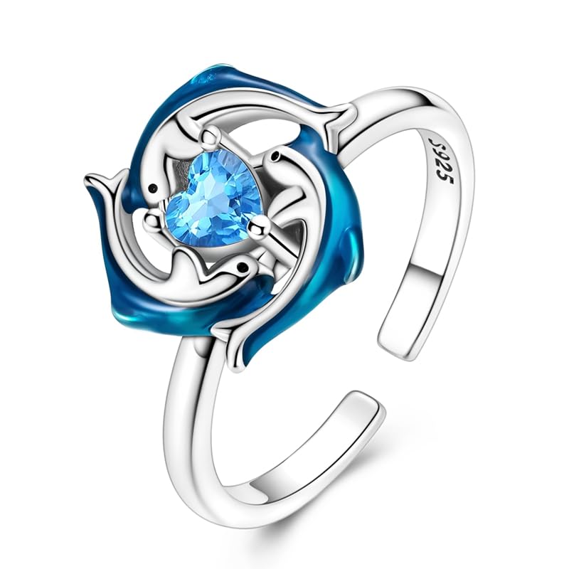 PARCOM Adjustable Women Stackable Ring, 925 Sterling Silver Open Rings - Trendy Eternity Cubic Zirconia Stackable Band Engagement Promise Ring for Her, Hypoallergenic Non Tarnish Nature Bird Floral Thumb Rings - color: Ocean Dolphin