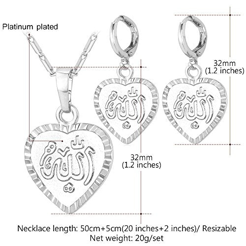 U7 Allah Necklace for Women/Men, 18K Gold Plated Square/Oval/Coin/Heart/Crescent Moon Islamic Pendant Necklace Muslim Jewelry with Chain - color: 07.Heart Necklace+Earrings Platinum