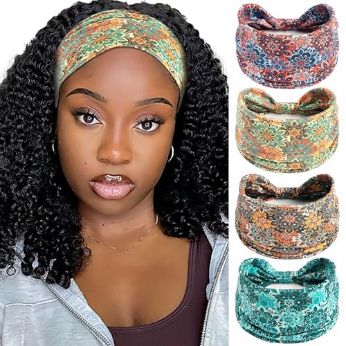 Wide Headbands For Women Boho Head Bands Floral Printed Bandana Hair Band Fashion Head Wraps Bohemian Turban African Scarf Workout Yoga Sweatbands Hair Accessories For Women Girls 4 Pack - color: Style 80