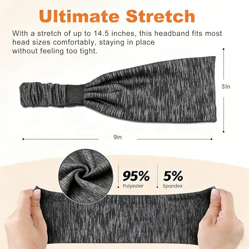5 Pack Wide Headbands for Women, Sweat-Absorbing Sport Sweatbands, Soft Elastic Yoga Hairbands, Comfortable Hair Bands for Fitness Workout Travel Exercise - color: Black, Dark Gray, Light Gray, Dark Green, Striped Black