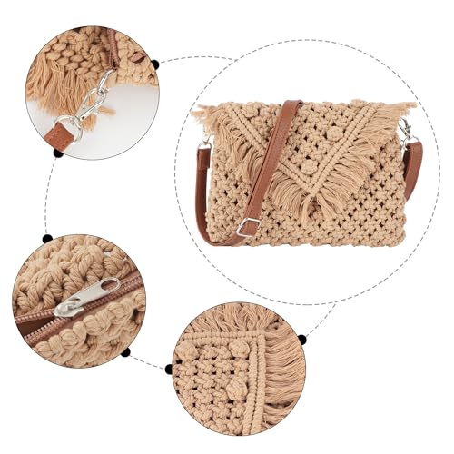 Goclothod Women Crochet Fringed Shoulder Bag Cotton Tassel Crossbody Bag Hippie Beach Purse - color: Crochet Khaki