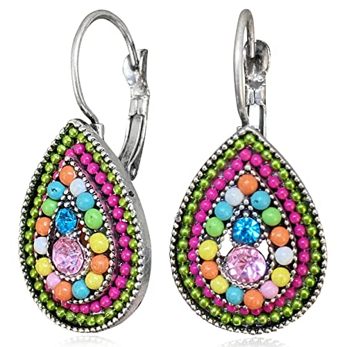 Unique Bohemian Vintage Sparkly Crystal Colorful Round Flower leverback earrings Boho Retro Bronze Circle Beaded Flower Floral Dangle Drop Earrings for Women - color: Colorful 4