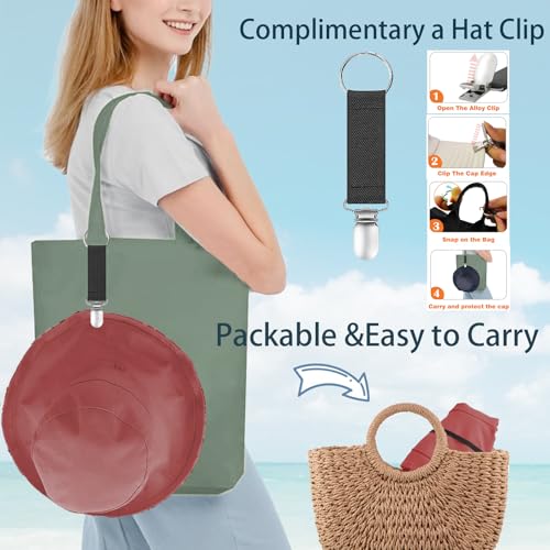 vidsel Womens Sun Hats Wide Brim Reversible Bucket Cotton Hat Packable Summer Travel Cap with Hat Clip,UV Protection - color: Wine Red2, size: Medium