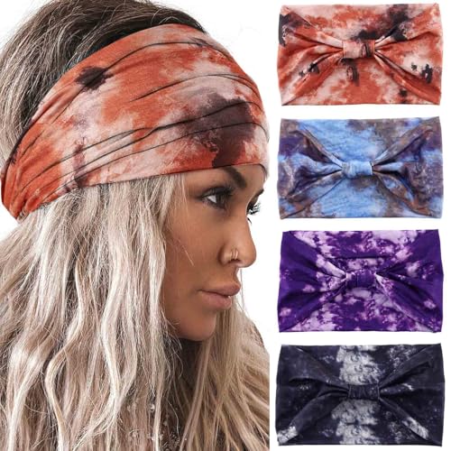 Acenail Wide Boho Headbands Turban Knotted HeadbandStretch Non Slip Hairbands Workout Head Wraps Yoga Head Scarfs Fashion Hair Accessories for Women 4Pcs - color: Tie Dye