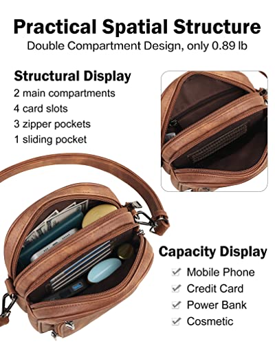 FADEON Small Purses for Women Crossbody Bags, Designer PU Leather Mini Cross Body Purse Travel Shoulder Bag Card Slots - color: 1 Brown Retro Style