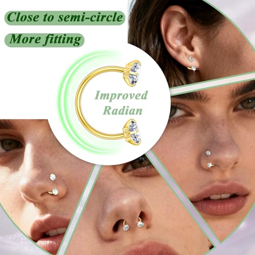Opal Nose Ring Studs Horseshoe Nose Rings Hoops Stud 316L Stainless Steel Nose Rings Round CZ Square Screw L Shaped Nose Stud Hypoallergenic Nostril Piercing Jewelry for Women Men - color: Gold/3.0mm White gem/20gauge