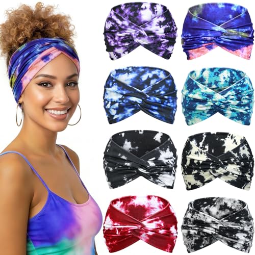 Awumbuk Wide Headbands for Women, 7.08 Inch Thick Boho Turban Style Hair Wraps, Non-Slip Moisture-Wicking Workout Headband for Sports, Yoga, Daily Fashion, 8 Pack Multi Colors (Gray) - color: Gray