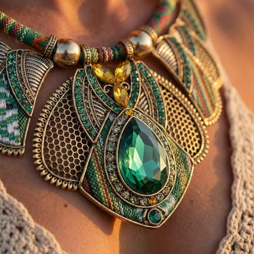 African Tribal Jewelry Set for Women - 2pcs Chunky Colorful Boho Vintage Statement Necklace Earrings Bib Choker Festival Costume Ethnic Accessories - style: Green Style
