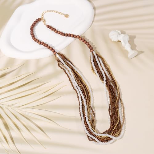 Coiris Chunky Statement Necklaces for Women Boho Multi Long Layered Strand Beaded Necklace for Women Handmade Crystal Beach Jewelry Gift - color: Brown