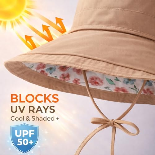 Wide Brim Sun Hat for Women Reversible Beach Hats Metal Wired Edge Gardening Hats, UPF 50+ Bucket Summer Hat - color: Khaki