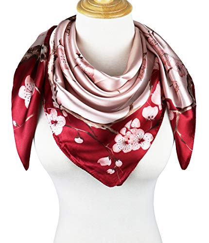 vabovin Satin Head Scarf for Women Silk Like Hair Scarf, 35 x 35 in | Silk Feel Fabric, Hair Wrap for Sleeping, Headscarf and Neck Scarf, Square Bandana Style, Fashion Accessory - color: 042 Wine Pink Plum Blossom