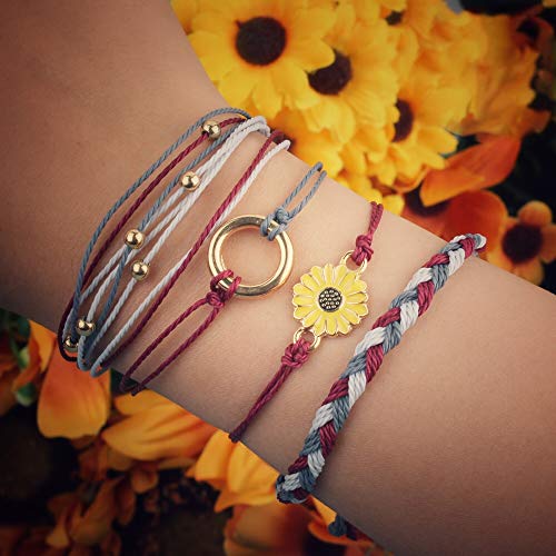 FANCY SHINY Easter Gifts Basket Stuffers Sunflower String Bracelet Boho Braided Rope Wrap Bracelets Cute Summer Beach Surfer Jewelry for Women - color: Triple Color