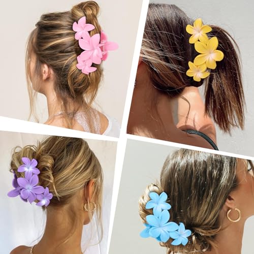 4PCS Hawaiian Plumeria Large Claw Clips for Women - Non-Slip Strong Hold Flower Hair Clips for Thick Hair (Colorful) - color: pink, yellow, blue, purple