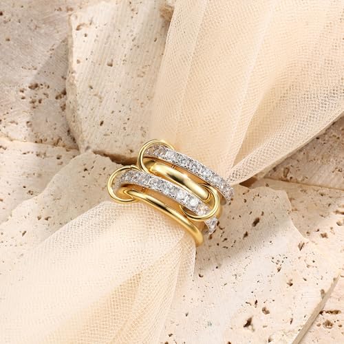 PATISORNA Gold Stackable Rings for Women Non Tarnish 18K Gold Plated Interlocked Stack Rings Set Silver Gold Mixed Metals Multi Ring Statement Thumb Rings Cubic Zirconia Connected Bands Fashion Jewelry Gifts - color: Thick Bands & CZ
