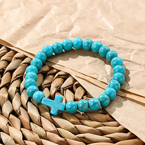 Turquoise Bracelet for Women, 8mm Beaded Stretchable Unisex Bracelet, Boho Turquoise Bead Bracelet Stone Beaded Bracelets Turquoise Jewelry for Women - color: Cross
