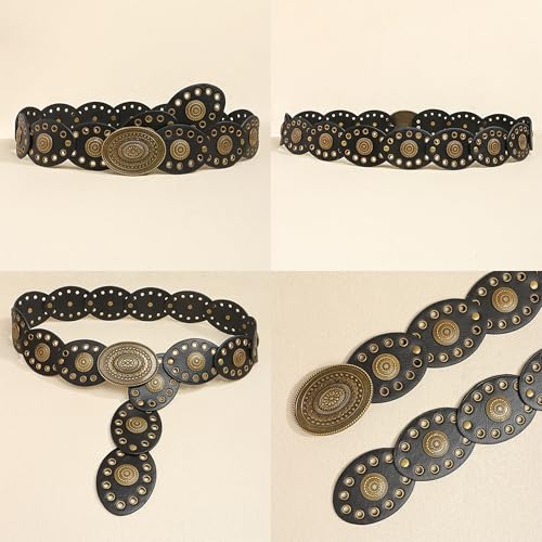 Western Chunky Wide Disc Belt for Women Boho Hollow PU Leather Waist Cowgirl Belt for Dresses Jeans with Metal Buckle - color: Black