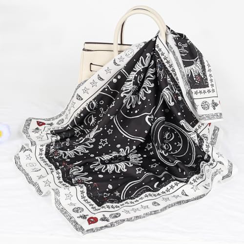 Relang Fashion Silk Satin Head Scarf for Women Hair Bandana Hair Scarf Wrap Neck Scarf for Women 27.5×27.5 inches - color: Black Classic Sun Pattern