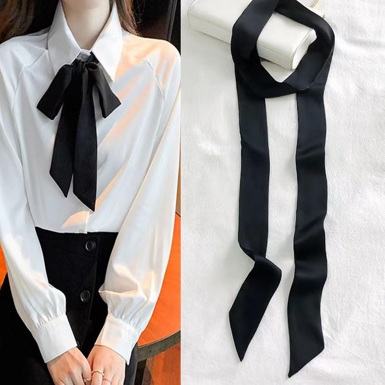 Long Thin Skinny Scarf Satin Neckerchief Ribbon Tie Waist Belt for Women - color: Black