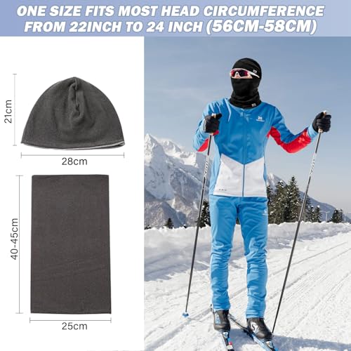 WK IEASON Winter Thermal Fleece Hat Scarf Set for Men Women Warm Windproof Cap Neck Warmer Fleece Beanie Scarf Set for Skiing - color: Black/Grey Dots