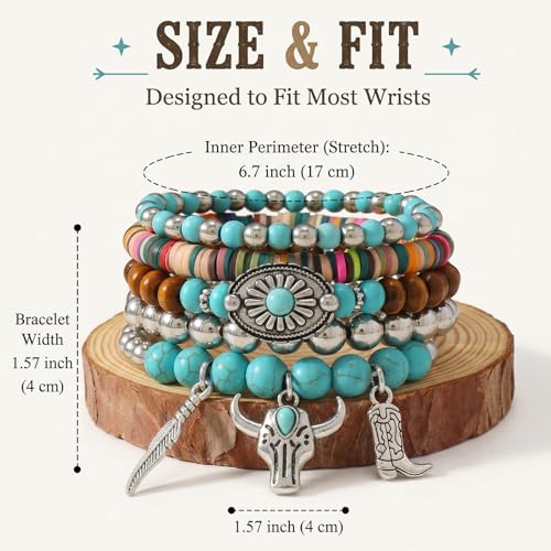 Long tiantian Western Turquoise Beaded Bracelet Set for Women Stackable Cowgirl Bracelets Boho Concho Jewelry Country Concert Rodeo Outfit Accessories Gifts - color: A1:turquoise bracelet for women