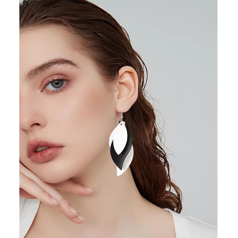 ANXIN boho unique Leather Earrings 2 Layered Lightweight Faux Leather Leaf Earrings Layered Design Drop Earrings Gift for Women - color: White Black White