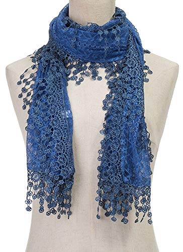 Cindy & Wendy Lightweight Soft Leaf Lace Fringe Scarf Bridal Shawl for Women - color: Denim Blue-2
