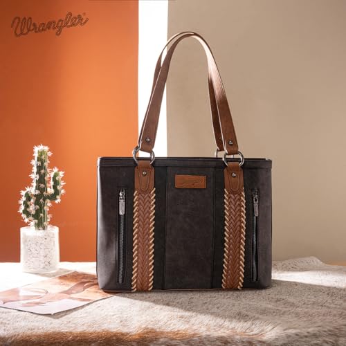 Wrangler Multi Pockets Tote Bag for Women Western Braided Shoulder Bag with Large Capacity for Everyday - color: Rtero-black