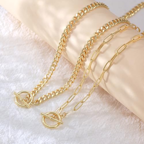 CHESKY Layered Necklaces for Women, 14K Gold Plated Chain Necklace Women Trendy Cuban Link Paperclip Chain Toggle Clasp Necklace Fashion Chunky Jewelry for Women - style: Paperclip Cubr Toggle-GD