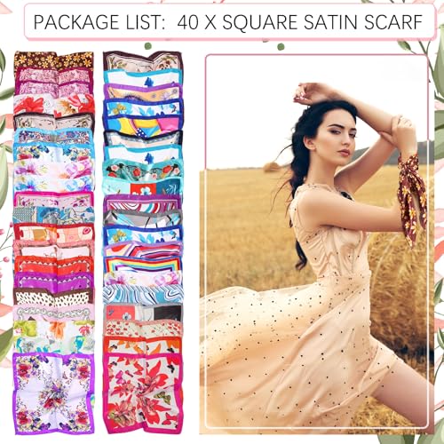 Handepo 40 Pieces Women Head Scarf Satin Square Silk Feeling Mixed Color Hair Neck Head Scarf Set, 19.69 Inch - style: Stylish Style
