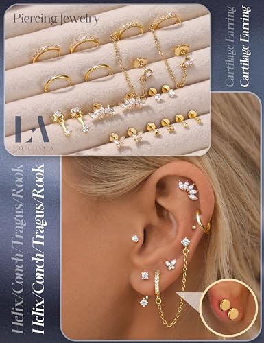LOLIAS 16G/18G/20G Flat Back Earrings for Women Threadless Surgical Steel Stud Hoop Earrings Push in Nose Studs Hypoallergenic CZ Cartilage Earring Set Labret Helix Tragus Conch Piercing Jewelry - color: 14K Gold, size: 20G(0.8MM)-Heart&Flower
