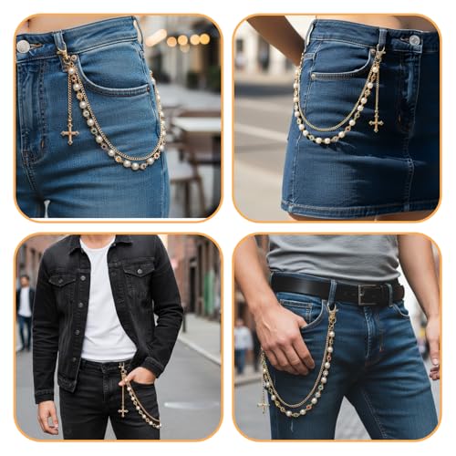 Hip Hop Waist Belt Chain Pearl Rhinestones Cross Double Layer Pants Chain Punk Rock Gold Chains for Pants Jeans Concerts Festivals Daily Outfits keychain Wallet Bag Jewelry Men Women