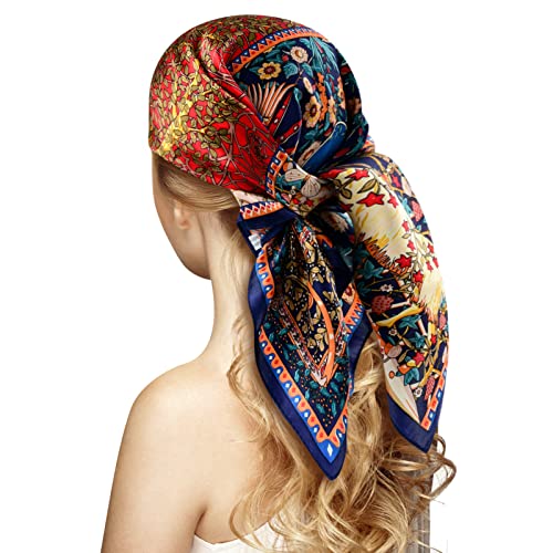 Stlvoll 100% Silk Head Scarf for Women - 27" Hair Scarves Satin Bandanas Square for Night Sleeping with Gift Packed - color: Red/Tree